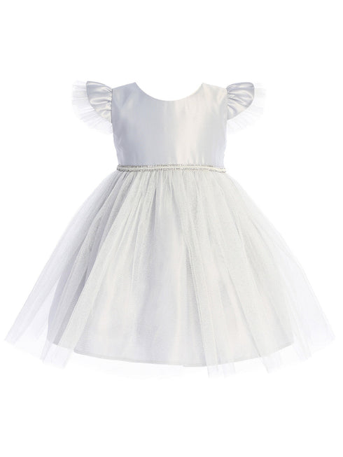 Baby Girls Grey Satin Tulle Flutter Sleeve Flower Girl Dress 6-24Months - SophiasStyle.com